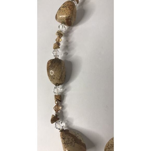 Bohemian Glass Beaded Necklace Agate Champagne Beige Stone Earthy Statement 20"" - Picture 4 of 10